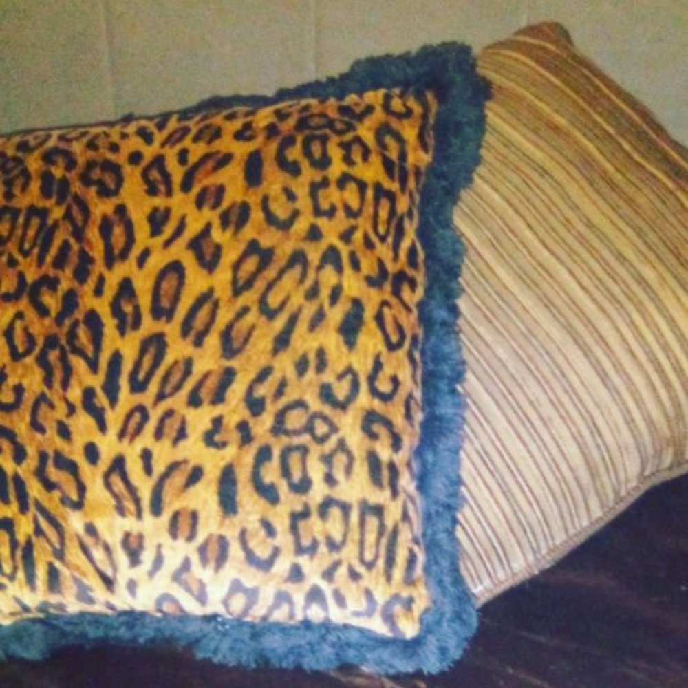 Vtg Velvet fringed leopard cheetah safari brown and black pillows set of 2